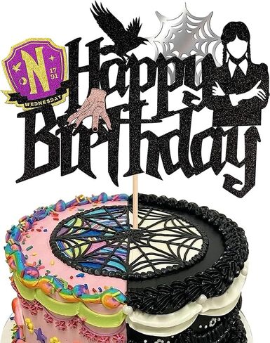 24 Pcs Birthday Addams Cupcake Toppers Glitter Fantasy Horror Thing Cupcake Picks for Magic Hand Black Bat Girl Fantasy Addams Family Birthday Party Cupcake Decorations Supplies in Saudi Arabia