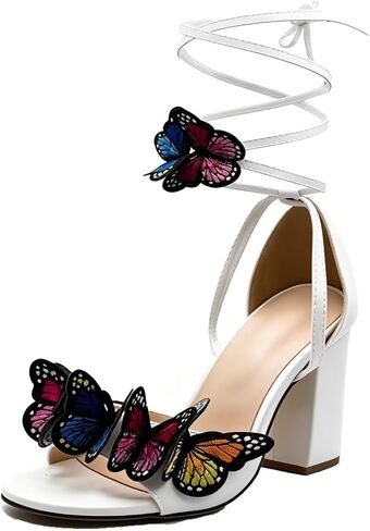 JOEupin Women's Strappy Chunky Heels Sandals 3 inch Butterfly Lace Up Ankle Wrap Heel Wedding Bridal Heeled Sandals Shoes in Saudi Arabia