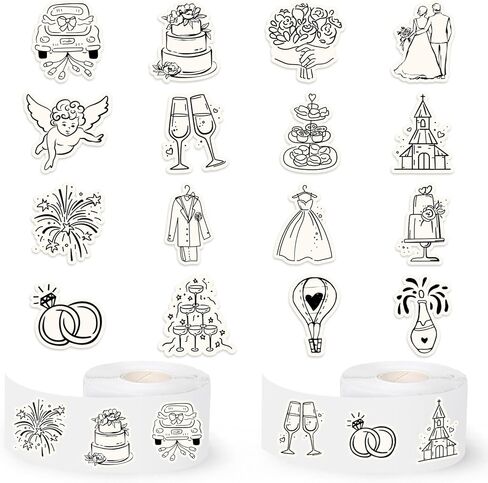 JarThenaAMCS 1008Pcs Wedding Stickers Seal Decals Black Beige Groom and Bride Cupid Ring Cake Flower Adhesive Labels for Wedding Bride Shower Party Favor Supplies, 2 Rolls in Kuwait