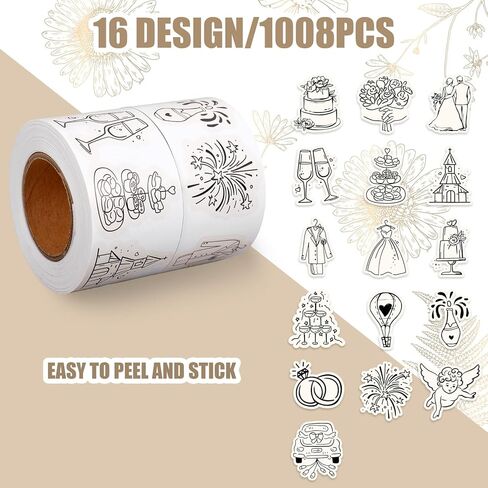 JarThenaAMCS 1008Pcs Wedding Stickers Seal Decals Black Beige Groom and Bride Cupid Ring Cake Flower Adhesive Labels for Wedding Bride Shower Party Favor Supplies, 2 Rolls in Kuwait
