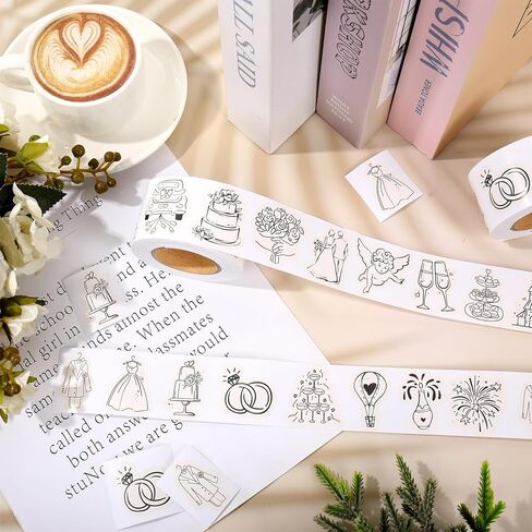 JarThenaAMCS 1008Pcs Wedding Stickers Seal Decals Black Beige Groom and Bride Cupid Ring Cake Flower Adhesive Labels for Wedding Bride Shower Party Favor Supplies, 2 Rolls in Kuwait