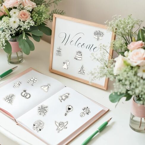 JarThenaAMCS 1008Pcs Wedding Stickers Seal Decals Black Beige Groom and Bride Cupid Ring Cake Flower Adhesive Labels for Wedding Bride Shower Party Favor Supplies, 2 Rolls in Kuwait