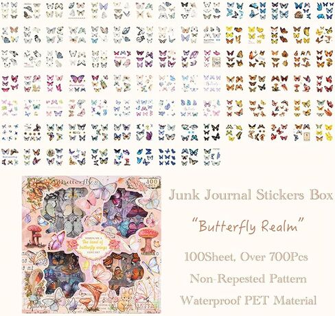 Vintage Botanical Stickers for Junk Journaling, 100 Sheets Transparent Retro Flower & Butterfly Decals for Scrapbook, Phone Case, Laptop, DIY Crafts(Butterfly Realm) in Kuwait