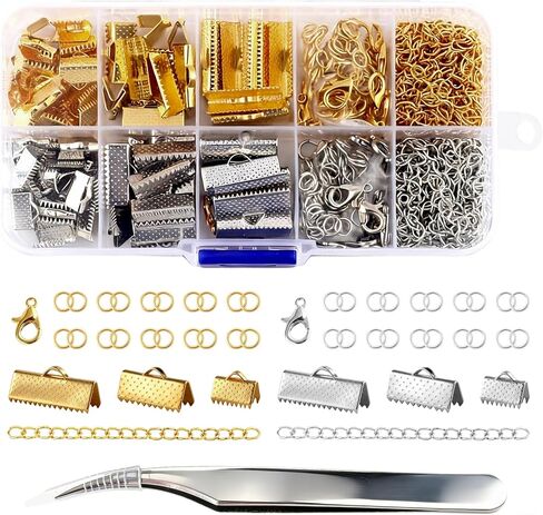 391 Pcs Ribbon Bracelet Kit for Jewelry Making Bookmark Pinch Crimp Ends Jewelry Findings Supplies Repair Kit,Ribbon Ends Crimp Lobster Clasps,Jump Rings Chain Extenders for Bracelet Choker Necklace in Kuwait