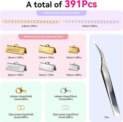 391 Pcs Ribbon Bracelet Kit for Jewelry Making Bookmark Pinch Crimp Ends Jewelry Findings Supplies Repair Kit,Ribbon Ends Crimp Lobster Clasps,Jump Rings Chain Extenders for Bracelet Choker Necklace in Kuwait