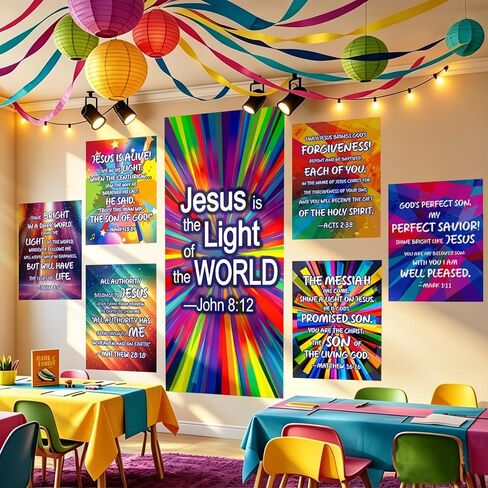 FYSUIMU 7Pcs VBS Decorations Large Jesus Backdrop Cloth with Bible Neon Paper Posters Colorful Disco Background Banners for Christian Vacation Bible School Church Party Photo Props in Kuwait