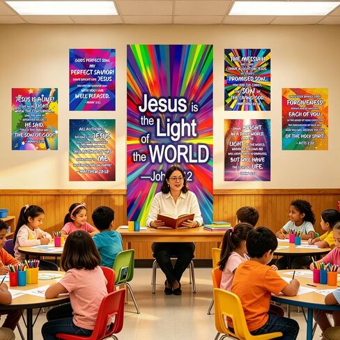FYSUIMU 7Pcs VBS Decorations Large Jesus Backdrop Cloth with Bible Neon Paper Posters Colorful Disco Background Banners for Christian Vacation Bible School Church Party Photo Props in Kuwait