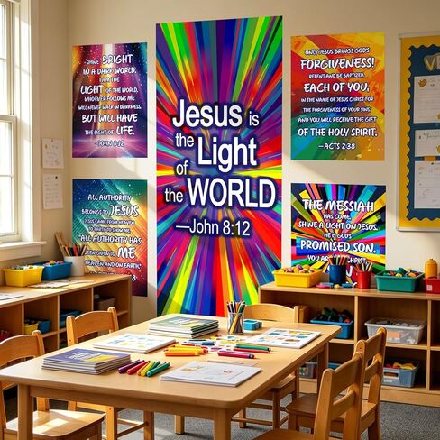 FYSUIMU 7Pcs VBS Decorations Large Jesus Backdrop Cloth with Bible Neon Paper Posters Colorful Disco Background Banners for Christian Vacation Bible School Church Party Photo Props in Kuwait