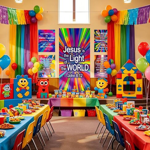 FYSUIMU 7Pcs VBS Decorations Large Jesus Backdrop Cloth with Bible Neon Paper Posters Colorful Disco Background Banners for Christian Vacation Bible School Church Party Photo Props in Kuwait