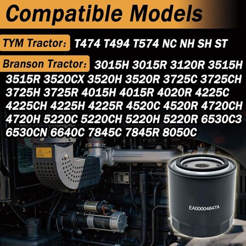 EA00004647A Engine Oil Filter Compatible with TYM T474 T494 T574 Tractors,Branson 3015H 3120 3515 3520 3725 4015 4020 4225 4520 4720 5220H 6530 6640 7845R 8050C Tractors Replace for EA00001160B in Saudi Arabia
