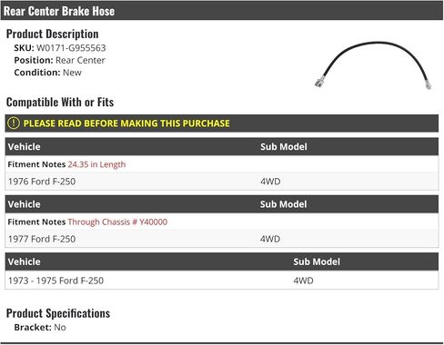 Rear Center Brake Hose - 24.35 Inch Length - Compatible with 1973-1977 Ford F-250 4WD in Kuwait