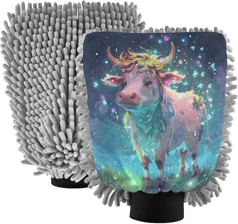 قفاز غسيل السيارات وتجفيفه من ALAZA Cow Butterfly Starry، خالٍ من الخدوش، قطعتان من قفازات الغسيل والتجفيف المصنوعة من الألياف الدقيقة الماصة/الشانيل، مقاس M in Kuwait