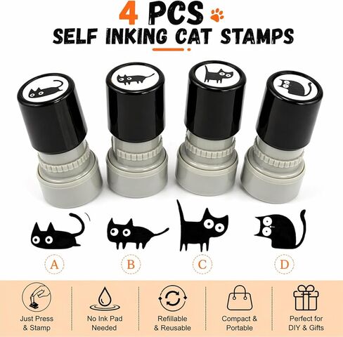 4 Pcs Self Inking Cat Stamp Set, Halloween Vintage Black Cat Pattern Craft Stamps, Refillable Mini Kitten Stamps for Journals, Scrapbook, Cards, Making Planner DIY Letter & Teacher Rewards in Saudi Arabia
