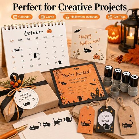 4 Pcs Self Inking Cat Stamp Set, Halloween Vintage Black Cat Pattern Craft Stamps, Refillable Mini Kitten Stamps for Journals, Scrapbook, Cards, Making Planner DIY Letter & Teacher Rewards in Saudi Arabia
