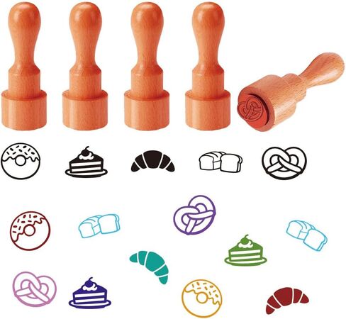 AHANDMAKER 5 Styles Food Theme Mini Wooden Rubber Stamps, Baked Goods Round Handle Stamps Donut Cake Croissant Bread Pretzel Patterns Wood Stamp for DIY Crafting Scrapbooking Card Making Planner in Kuwait