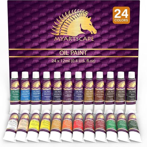 مجموعة طلاء زيتي من MyArtscape، 24 لونًا، أنابيب 24 × 0.41 أونصة سائلة (12 مل)، أصباغ فنان ثقيلة للرسم على القماش، تشبع ألوان زاهية غنية، مزج سلس، لمسة نهائية لامعة in Kuwait