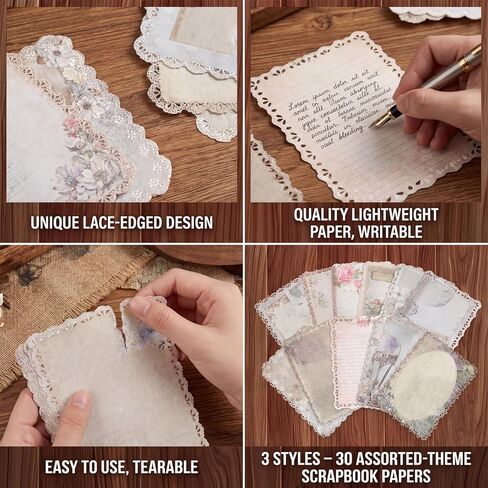 30Sheets Lace Edged Scrapbook Paper 3Pack Vintage Decorative Paper Assorted Background Scrapbooking Embellishments for Stationery Letter Writing Junk Journal Supplies DIY Collage 4.9x6.9 in in Saudi Arabia