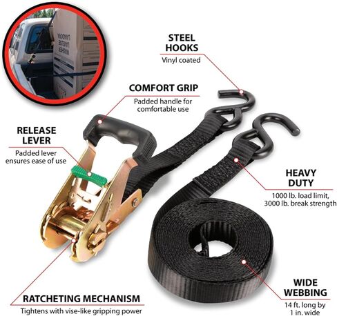 Performance Tool W1856 1-in X 14-ft Ratcheting Tie Down Strap: 1000 lb Load Limit, 3000 lb Break Strength, Strong Poly Webbing, Padded Comfort Ratchet Handle, Vinyl Hooks, Heavy Duty, Black in Kuwait