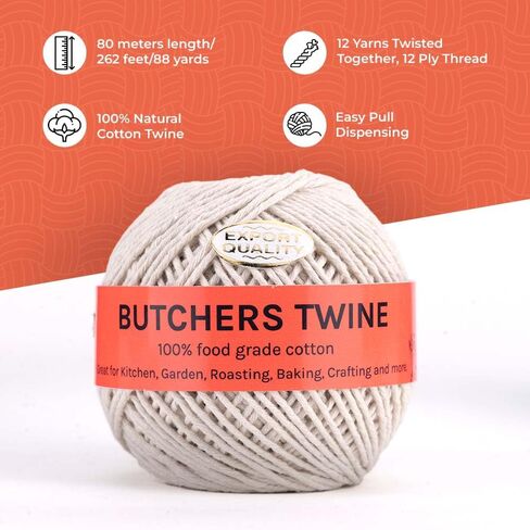 Butchers Twine 12 Ply Cotton Kitchen Twine for Roasting Bakers Cooking Twine Food Safe String|Meat Sausage Poultry Trussing 2MM Thread|Gardening Thread Craft DIY Gift Wrapping Crocheting Twine 80m in Saudi Arabia