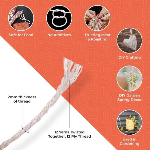 Butchers Twine 12 Ply Cotton Kitchen Twine for Roasting Bakers Cooking Twine Food Safe String|Meat Sausage Poultry Trussing 2MM Thread|Gardening Thread Craft DIY Gift Wrapping Crocheting Twine 80m in Saudi Arabia