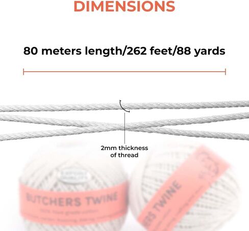 Butchers Twine 12 Ply Cotton Kitchen Twine for Roasting Bakers Cooking Twine Food Safe String|Meat Sausage Poultry Trussing 2MM Thread|Gardening Thread Craft DIY Gift Wrapping Crocheting Twine 80m in Saudi Arabia