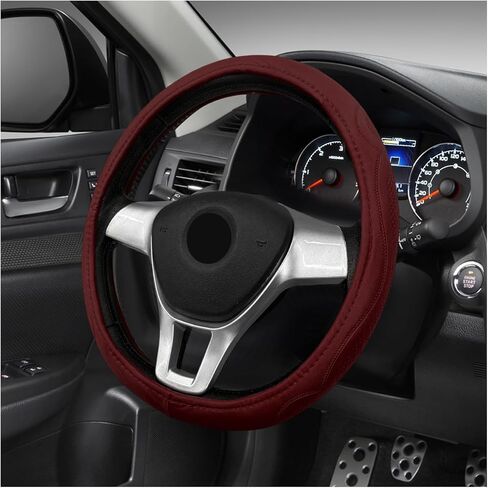 15 Inch Leather Steering Wheel Cover, Breathable Steering Wheel Protective Cover with Anti-Slip Lining, Soft and Comfortable Wheel Protector for SUV Truck Sedan, Car Accessories (Wine Red) in Saudi Arabia