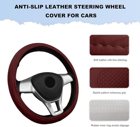 15 Inch Leather Steering Wheel Cover, Breathable Steering Wheel Protective Cover with Anti-Slip Lining, Soft and Comfortable Wheel Protector for SUV Truck Sedan, Car Accessories (Wine Red) in Saudi Arabia