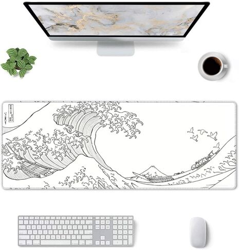 Japanese Grey and White Great Wave Mouse Pad Large Gaming Mousepad, Long Big XL Desk Mats Full Desk Keyboard Mat Computer Pad Desk Matt with Stitched Edges Non-Slip Desktop Mat, 31.5 * 11.8 in in Saudi Arabia