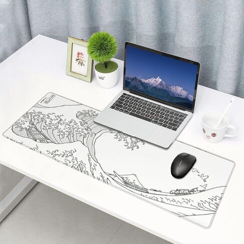 Japanese Grey and White Great Wave Mouse Pad Large Gaming Mousepad, Long Big XL Desk Mats Full Desk Keyboard Mat Computer Pad Desk Matt with Stitched Edges Non-Slip Desktop Mat, 31.5 * 11.8 in in Saudi Arabia