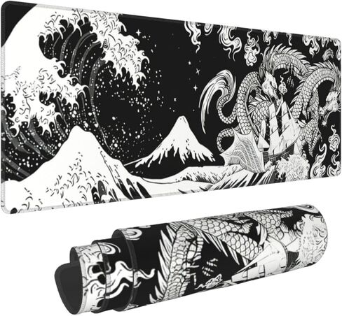 Japanese Grey and White Great Wave Mouse Pad Large Gaming Mousepad, Long Big XL Desk Mats Full Desk Keyboard Mat Computer Pad Desk Matt with Stitched Edges Non-Slip Desktop Mat, 31.5 * 11.8 in in Saudi Arabia