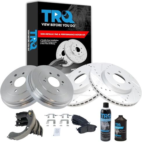 TRQ Front & Rear Brake Pad & Rotor,Shoe & Drum Kit Semi-Metallic Performance Premium G-Coated Slotted X Drilled Compatible with 2009-2014 Nissan Cube 2007-2012 Sentra Versa in Kuwait