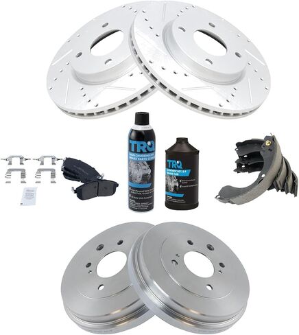TRQ Front & Rear Brake Pad & Rotor,Shoe & Drum Kit Semi-Metallic Performance Premium G-Coated Slotted X Drilled Compatible with 2009-2014 Nissan Cube 2007-2012 Sentra Versa in Kuwait
