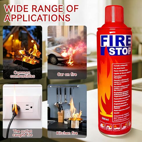 Fire Stop Spray 500ml 4-Pack - Multi-Purpose Aerosol Fire Extinguisher for Home, Kitchen & Car | Class A/B/C/K Portable Fire Suppression with Mounting Bracket, Non-Toxic & Mess-Free in Kuwait