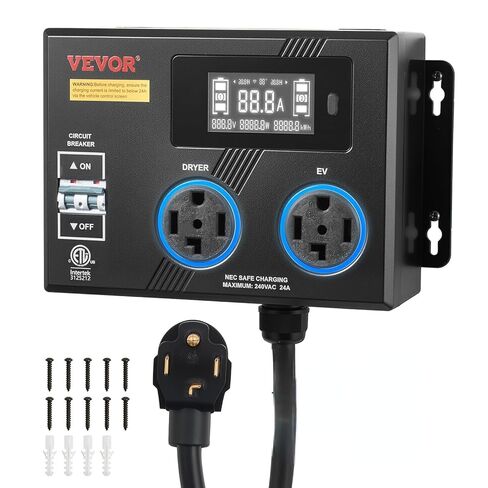 VEVOR Automatic EV Charging Switch, NEMA 14-30, Splitter Switch for Dryer & EV Charger, 24A Max 240V Smart Power Distribution with Circuit Breaker, Real-Time Display, for EVs, Ovens, Dishwashers, ETL in Kuwait