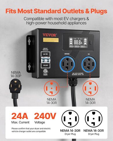 VEVOR Automatic EV Charging Switch, NEMA 14-30, Splitter Switch for Dryer & EV Charger, 24A Max 240V Smart Power Distribution with Circuit Breaker, Real-Time Display, for EVs, Ovens, Dishwashers, ETL in Kuwait