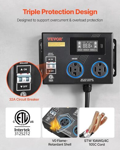 VEVOR Automatic EV Charging Switch, NEMA 14-30, Splitter Switch for Dryer & EV Charger, 24A Max 240V Smart Power Distribution with Circuit Breaker, Real-Time Display, for EVs, Ovens, Dishwashers, ETL in Kuwait