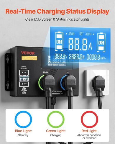 VEVOR Automatic EV Charging Switch, NEMA 14-30, Splitter Switch for Dryer & EV Charger, 24A Max 240V Smart Power Distribution with Circuit Breaker, Real-Time Display, for EVs, Ovens, Dishwashers, ETL in Kuwait