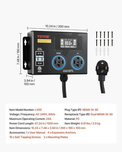 VEVOR Automatic EV Charging Switch, NEMA 14-30, Splitter Switch for Dryer & EV Charger, 24A Max 240V Smart Power Distribution with Circuit Breaker, Real-Time Display, for EVs, Ovens, Dishwashers, ETL in Kuwait