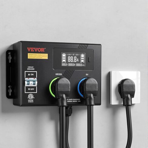 VEVOR Automatic EV Charging Switch, NEMA 14-30, Splitter Switch for Dryer & EV Charger, 24A Max 240V Smart Power Distribution with Circuit Breaker, Real-Time Display, for EVs, Ovens, Dishwashers, ETL in Kuwait