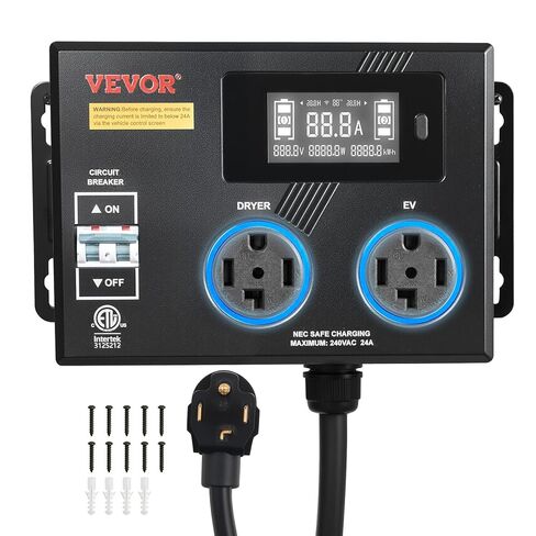 VEVOR Automatic EV Charging Switch, NEMA 14-30, Splitter Switch for Dryer & EV Charger, 24A Max 240V Smart Power Distribution with Circuit Breaker, Real-Time Display, for EVs, Ovens, Dishwashers, ETL in Kuwait