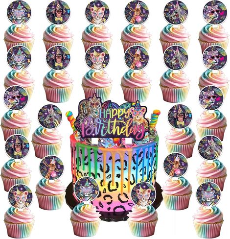 25PCS Neon Leopard Cupcake Toppers, Rainbow Cheetah Print Birthday Party Decorations for Jungle Animals Party Supplies in Saudi Arabia