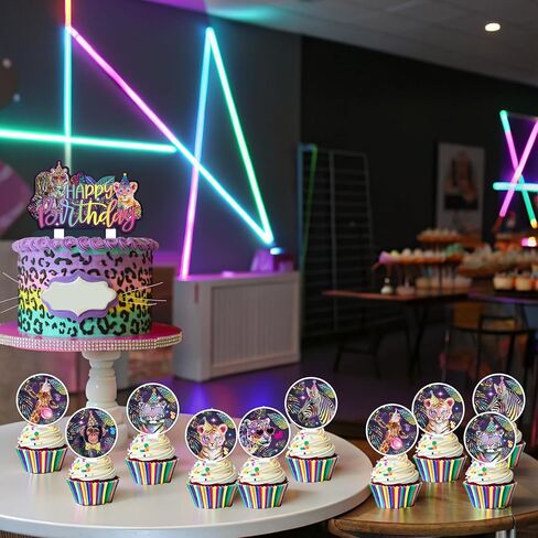 25PCS Neon Leopard Cupcake Toppers, Rainbow Cheetah Print Birthday Party Decorations for Jungle Animals Party Supplies in Saudi Arabia