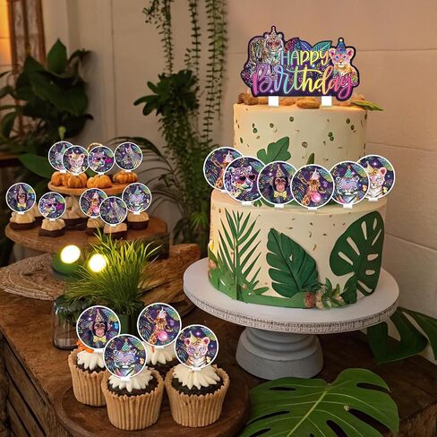 25PCS Neon Leopard Cupcake Toppers, Rainbow Cheetah Print Birthday Party Decorations for Jungle Animals Party Supplies in Saudi Arabia