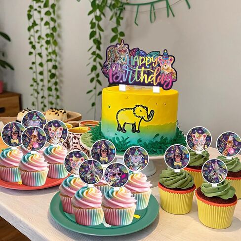 25PCS Neon Leopard Cupcake Toppers, Rainbow Cheetah Print Birthday Party Decorations for Jungle Animals Party Supplies in Saudi Arabia