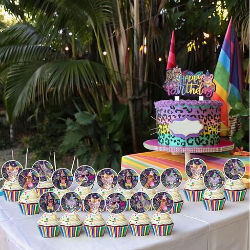 25PCS Neon Leopard Cupcake Toppers, Rainbow Cheetah Print Birthday Party Decorations for Jungle Animals Party Supplies in Saudi Arabia