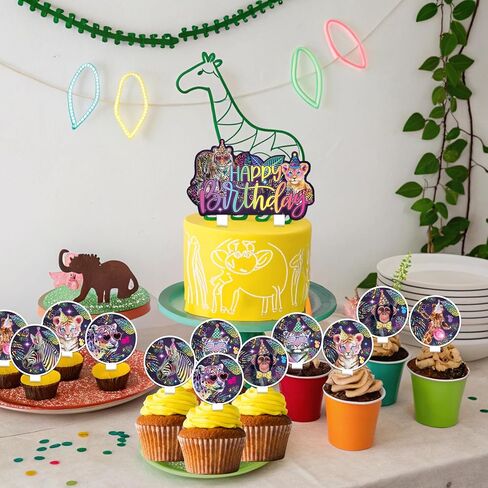 25PCS Neon Leopard Cupcake Toppers, Rainbow Cheetah Print Birthday Party Decorations for Jungle Animals Party Supplies in Saudi Arabia