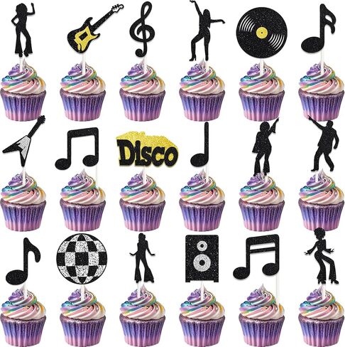 36 Pack 70's & 80's Disco Cupcake Toppers Black and Gold Glitter Dancing Cupcake Picks Disco Cupcake Decorations for Disco Theme Party Decorations Music Party Supplies in Saudi Arabia