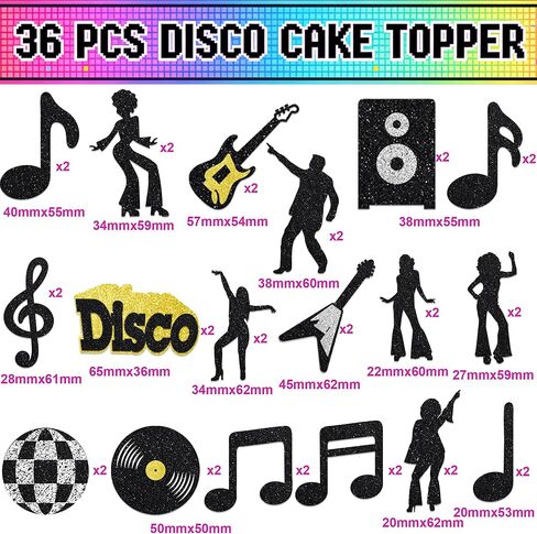 36 Pack 70's & 80's Disco Cupcake Toppers Black and Gold Glitter Dancing Cupcake Picks Disco Cupcake Decorations for Disco Theme Party Decorations Music Party Supplies in Saudi Arabia