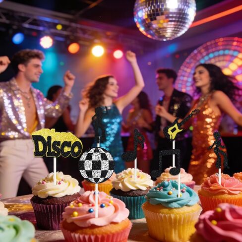 36 Pack 70's & 80's Disco Cupcake Toppers Black and Gold Glitter Dancing Cupcake Picks Disco Cupcake Decorations for Disco Theme Party Decorations Music Party Supplies in Saudi Arabia