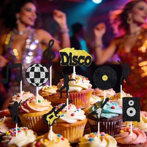 36 Pack 70's & 80's Disco Cupcake Toppers Black and Gold Glitter Dancing Cupcake Picks Disco Cupcake Decorations for Disco Theme Party Decorations Music Party Supplies in Saudi Arabia